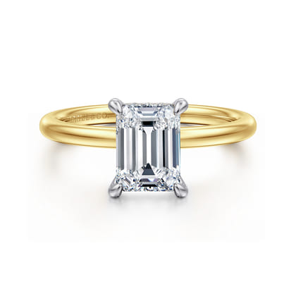 Cari - 14K White-Yellow Gold Hidden Halo Emerald Cut Diamond Engagement Ring