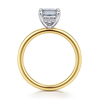 Cari - 14K White-Yellow Gold Hidden Halo Emerald Cut Diamond Engagement Ring