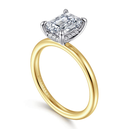 Cari - 14K White-Yellow Gold Hidden Halo Emerald Cut Diamond Engagement Ring