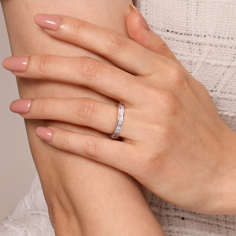 Straight Wedding Ring in 14k White Gold with Baguette Natural Diamond at Gabriel & Co. - Shot 5