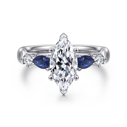 Carrie - 14K White Gold Marquise Shape Five Stone Sapphire and Diamond Engagement Ring