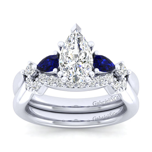 Carrie - 14K White Gold Pear Shape Five Stone Sapphire and Diamond Engagement Ring - 0.1 ct - Shot 4
