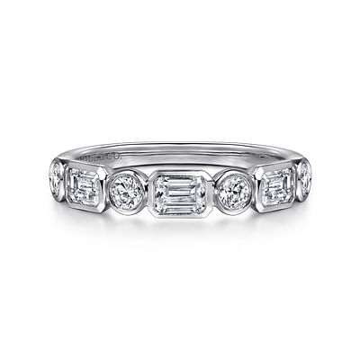 Carson - 14K White Gold Bezel Set Emerald Cut and Round Diamond Anniversary Band