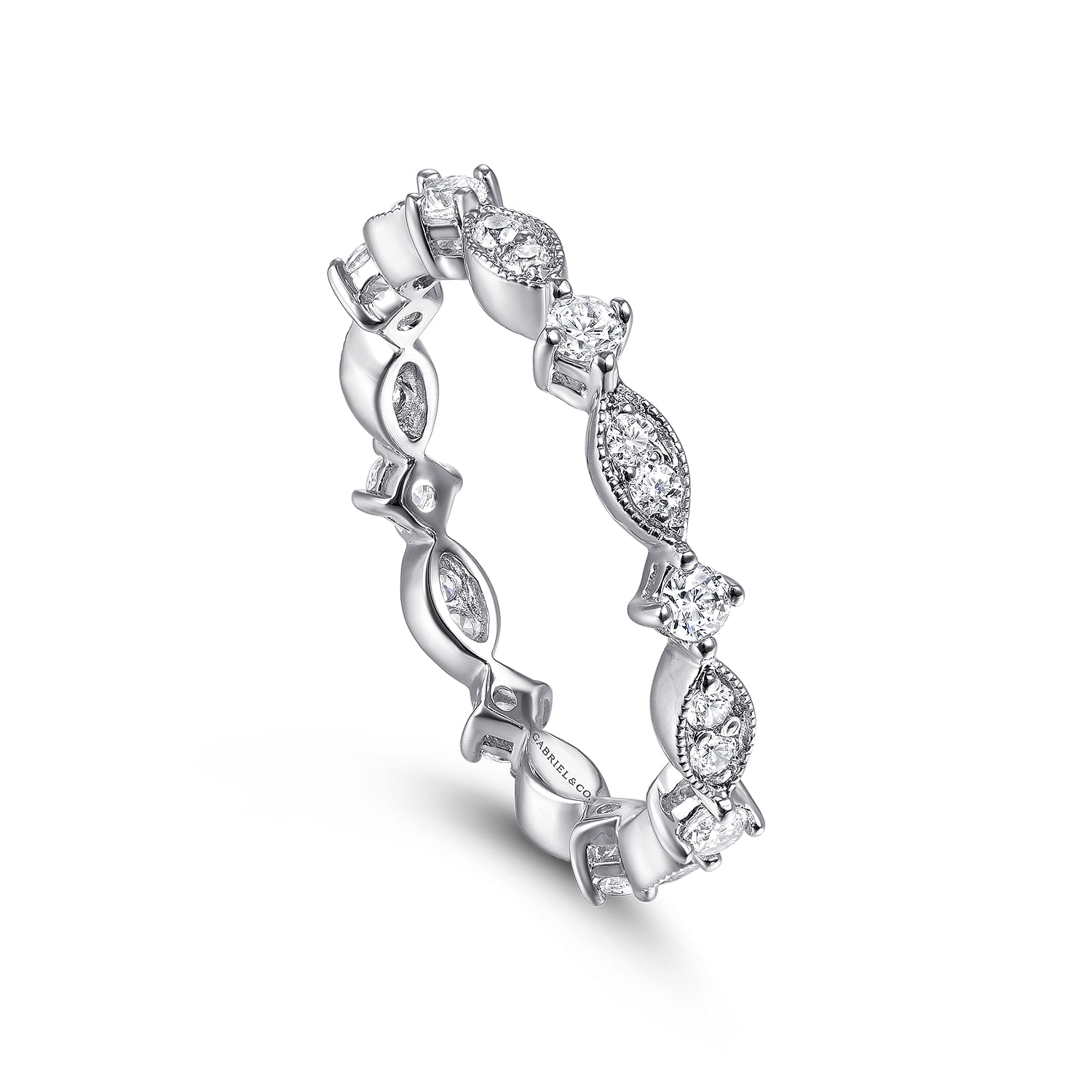 Casena - Vintage Inspired 14K White Gold Marquise and Round Station Diamond Eternity Band