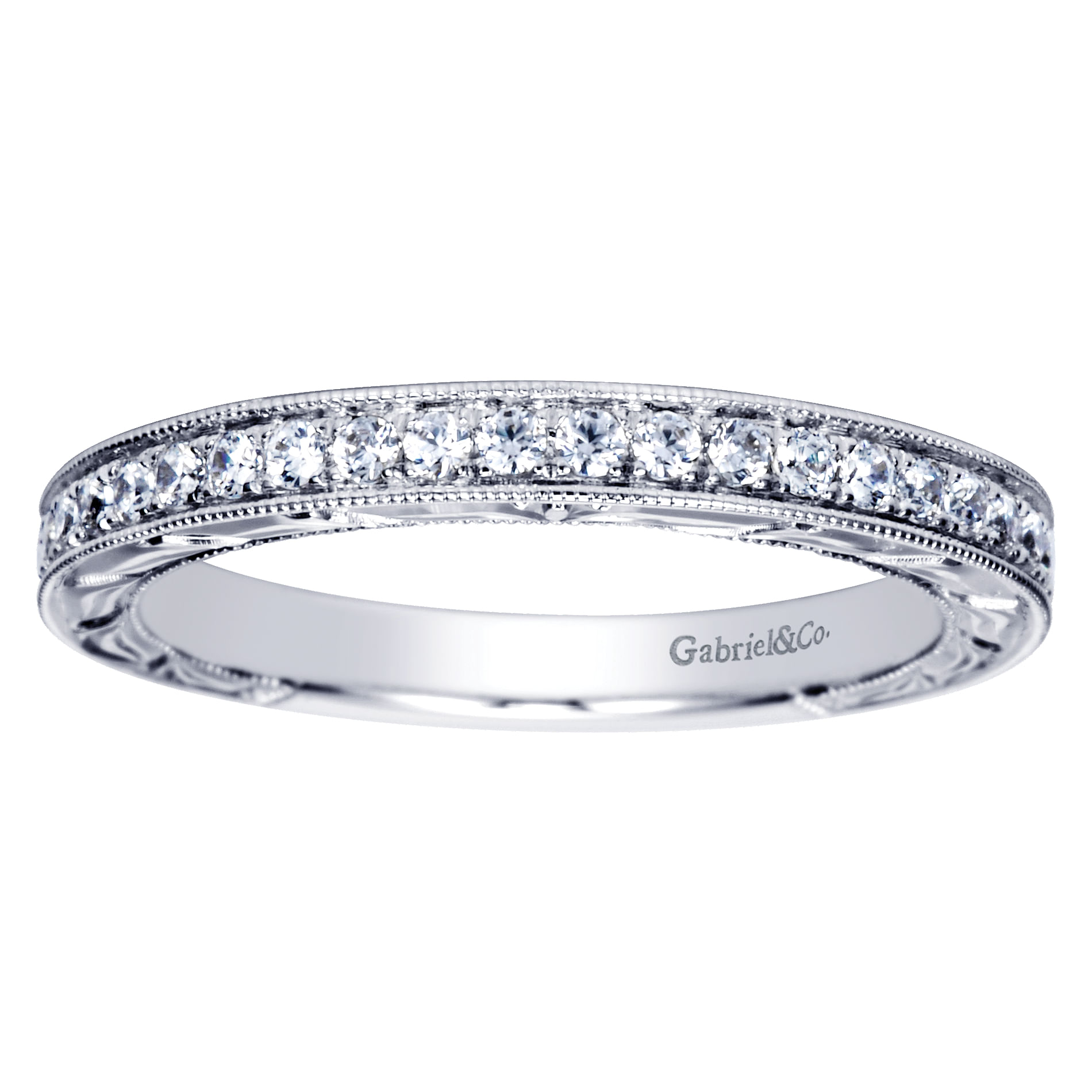 Caserta - 14K White Gold Hand Engraved Micro Pave Diamond Wedding Band