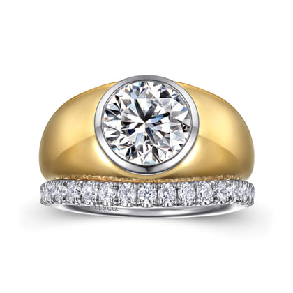 Caya - 14K White-Yellow Gold Round Wide Band Diamond Engagement Ring