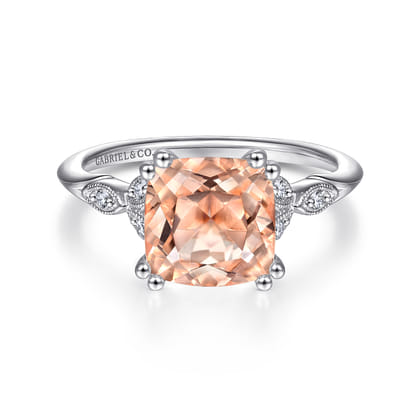 Celia - Vintage Inspired 14K White Gold Cushion Cut Morganite and Diamond Engagement Ring