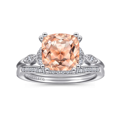 Celia - Vintage Inspired 14K White Gold Cushion Cut Morganite and Diamond Engagement Ring