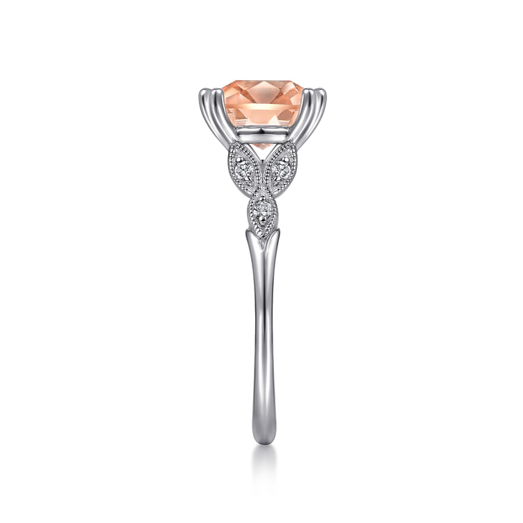 Celia - Vintage Inspired 14K White Gold Cushion Cut Morganite and Diamond Engagement Ring