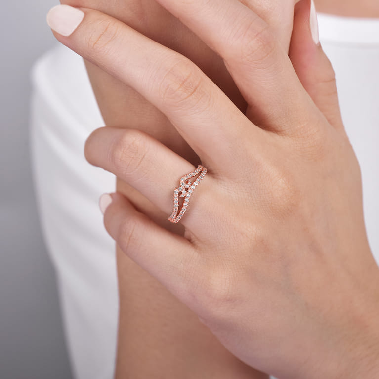 Curved Wedding Ring in 14k Rose Gold with Round Natural Diamond at Gabriel & Co. - Shot 5