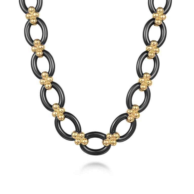 Ceramic - 14K Yellow Gold Black Ceramic Oval Link Chain Necklace with Bujukan Connectors - Shot 1