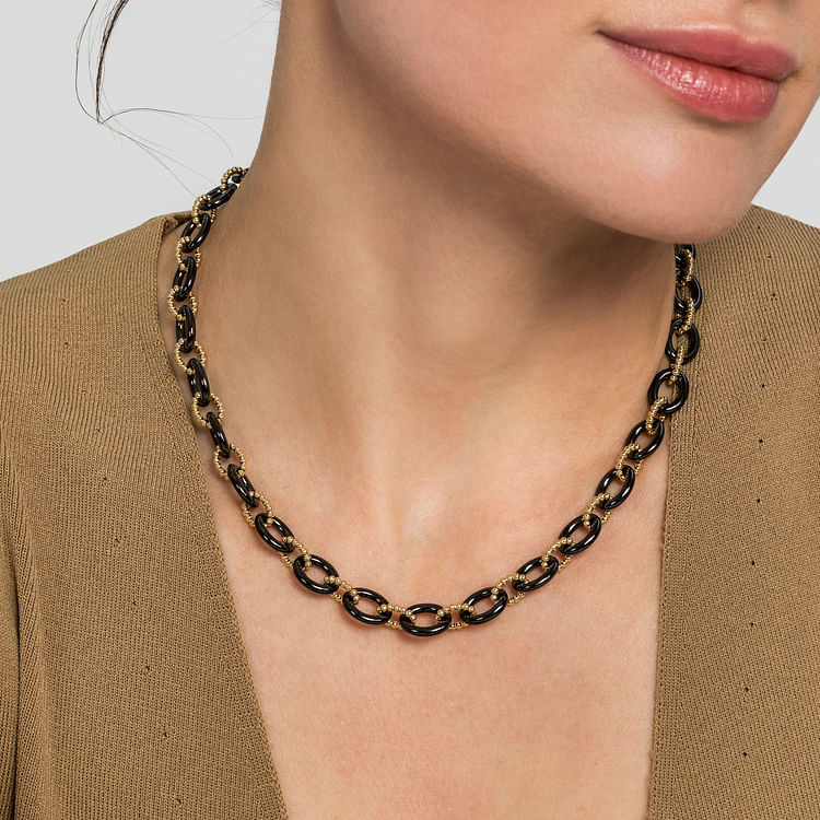 Ceramic - 14K Yellow Gold Black Ceramic Oval Link Chain Necklace with Bujukan Connectors