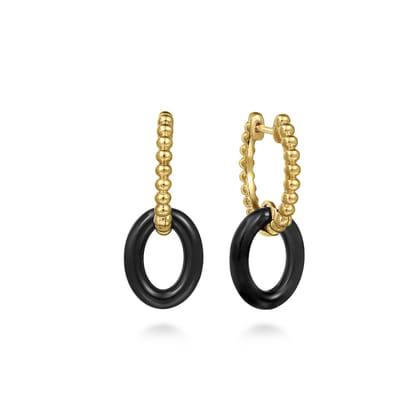 Ceramic - 14K Yellow Gold Black Oval Ceramic Bujukan Huggie Drop Earrings