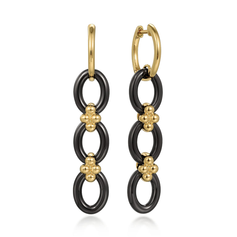 Ceramic - 14K Yellow Gold Bujukan Ball Cluster Design and Black Oval Ceramic Link Huggie Drop Earrings - Shot 1