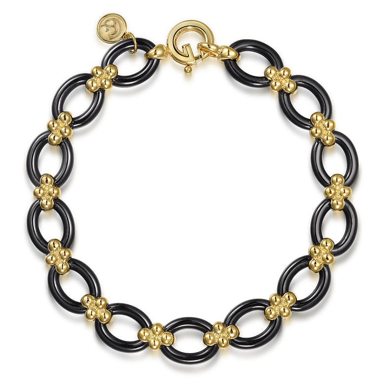 Ceramic - 14K Yellow Gold Bujukan and Black Oval Ceramic Link Chain Tennis Bracelet - Shot 1