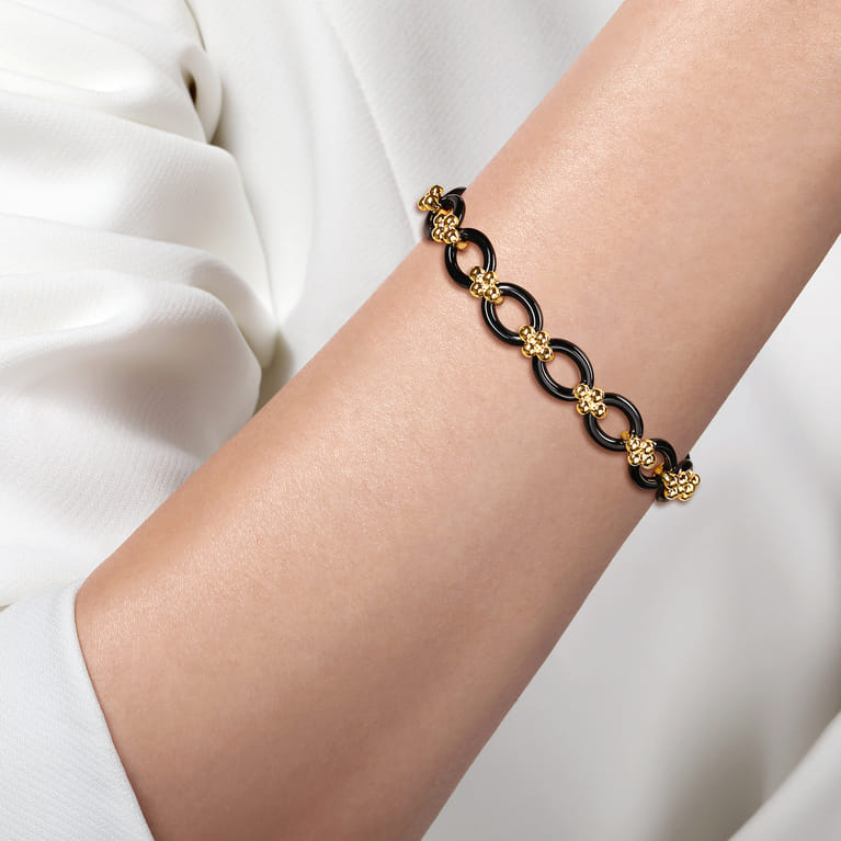 Ceramic - 14K Yellow Gold Bujukan and Black Oval Ceramic Link Chain Tennis Bracelet - Shot 3