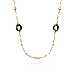 Ceramic - 14K Yellow Gold Bujukan and Black Oval Ceramic Link Station Necklace
