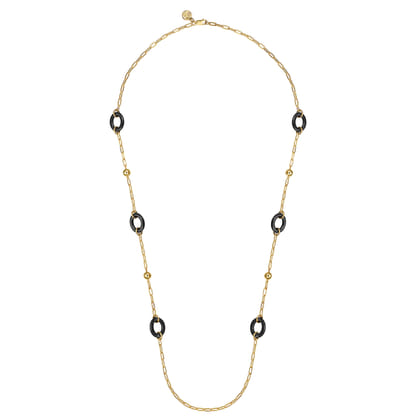 Ceramic - 14K Yellow Gold Bujukan and Black Oval Ceramic Link Station Necklace