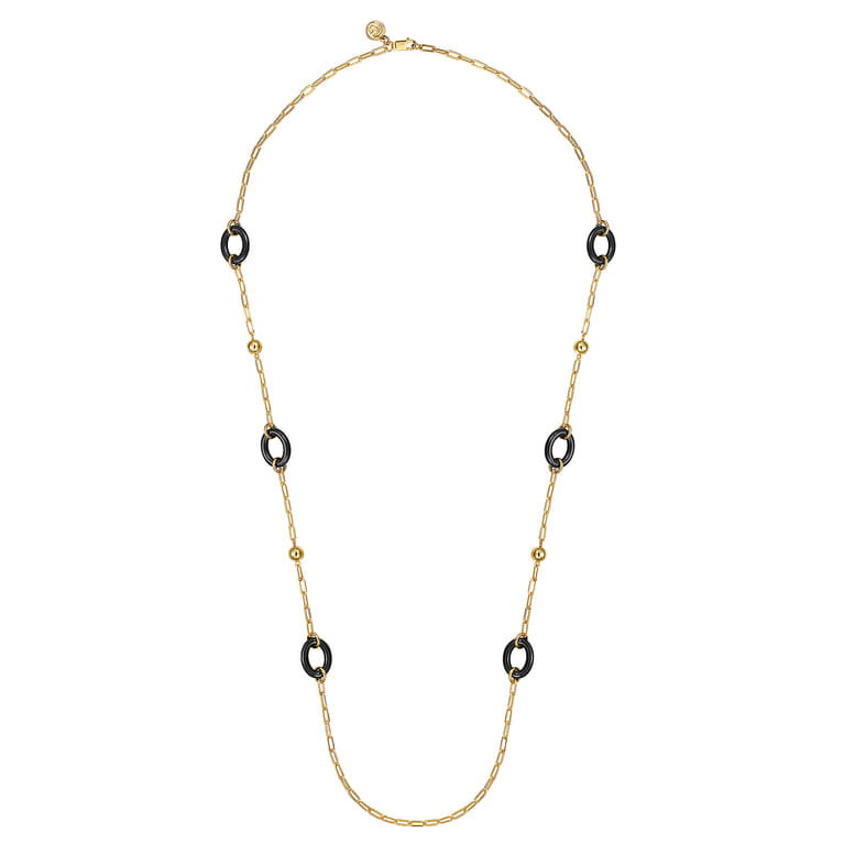 Ceramic - 14K Yellow Gold Bujukan and Black Oval Ceramic Link Station Necklace - Shot 2