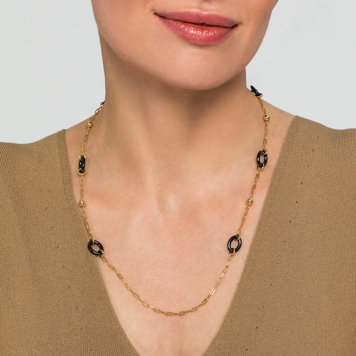 Ceramic - 14K Yellow Gold Bujukan and Black Oval Ceramic Link Station Necklace - Shot 4