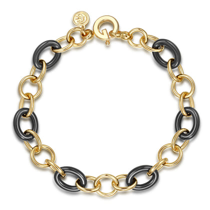 Ceramic - 14K Yellow Gold Hollow Tube and Black Oval Ceramic Link Chain Tennis Bracelet