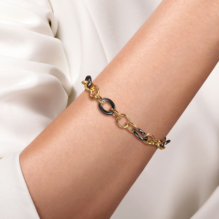 Ceramic - 14K Yellow Gold Hollow Tube and Black Oval Ceramic Link Chain Tennis Bracelet