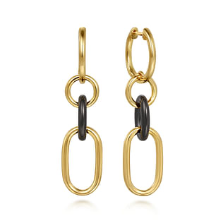 Ceramic---14K-Yellow-Gold-Hollow-Tube-and-Black-Oval-Ceramic-Link-Huggie-Drop-Earrings1
