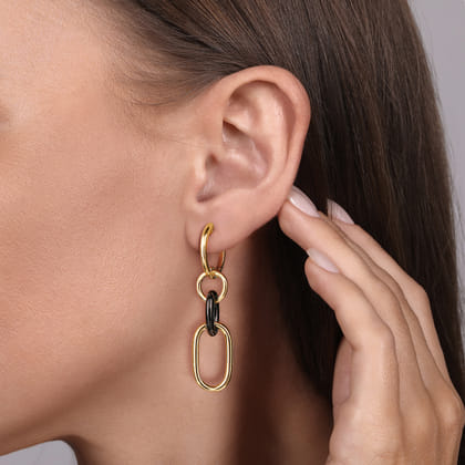 Ceramic - 14K Yellow Gold Hollow Tube and Black Oval Ceramic Link Huggie Drop Earrings