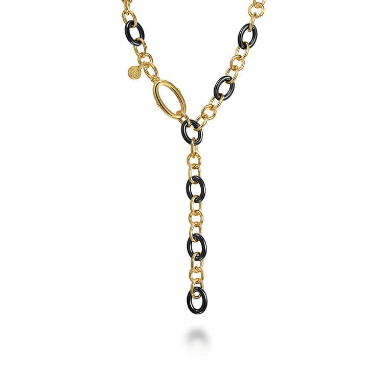 Ceramic - 14K Yellow Gold Hollow Tube and Black Oval Ceramic Y Knots Necklace - Shot 1