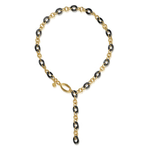 Ceramic - 14K Yellow Gold Hollow Tube and Black Oval Ceramic Y Knots Necklace
