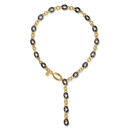 Ceramic - 14K Yellow Gold Hollow Tube and Black Oval Ceramic Y Knots Necklace