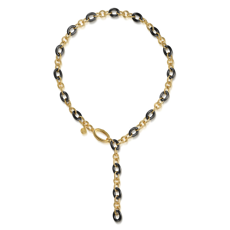 Ceramic - 14K Yellow Gold Hollow Tube and Black Oval Ceramic Y Knots Necklace - Shot 2