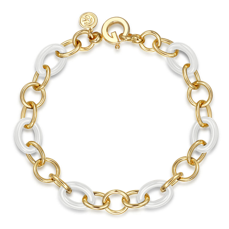 Ceramic - 14K Yellow Gold Hollow Tube and White Oval Ceramic Link Chain Tennis Bracelet - Shot 1