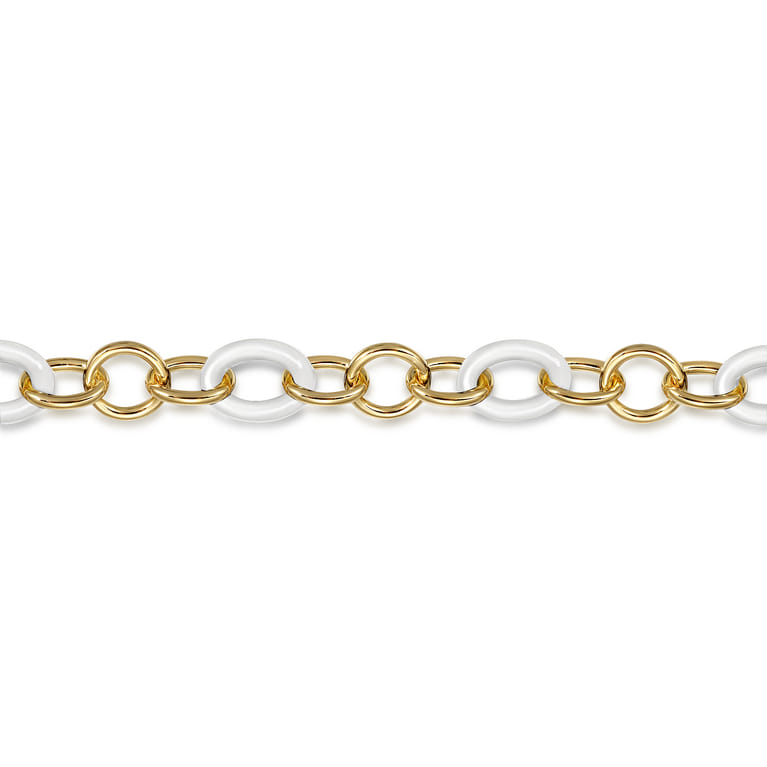Ceramic - 14K Yellow Gold Hollow Tube and White Oval Ceramic Link Chain Tennis Bracelet - Shot 2