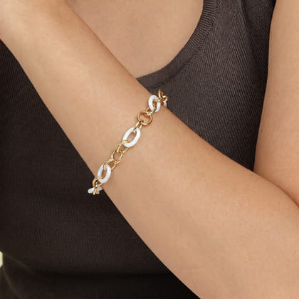 Ceramic - 14K Yellow Gold Hollow Tube and White Oval Ceramic Link Chain Tennis Bracelet