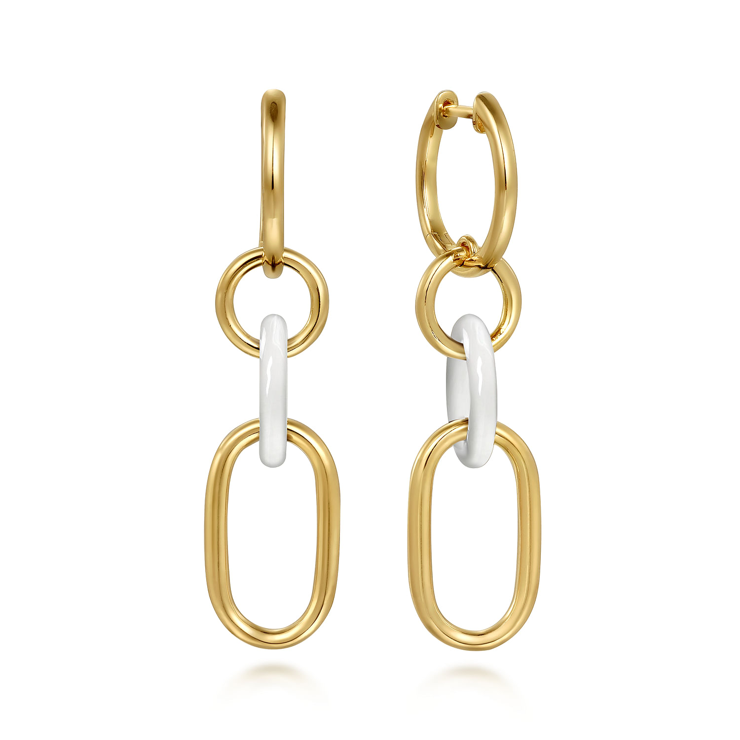 Ceramic - 14K Yellow Gold Hollow Tube and White Oval Ceramic Link Huggie Drop Earrings