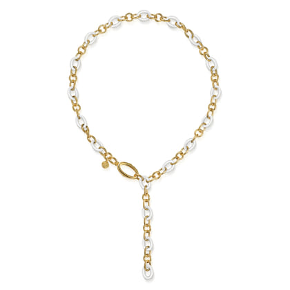 Ceramic - 14K Yellow Gold Hollow Tube and White Oval Ceramic Y Knots Necklace