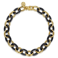 Ceramic - 14K Yellow Gold Oval Shape Hollow Tube and Black Ceramic Tennis Bracelet