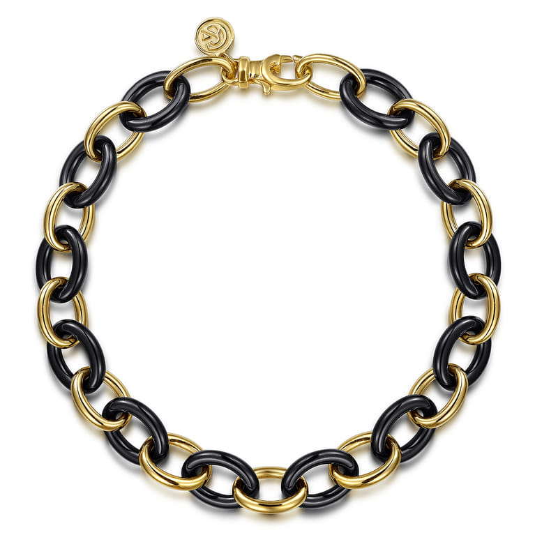 Ceramic - 14K Yellow Gold Oval Shape Hollow Tube and Black Ceramic Tennis Bracelet - Shot 1