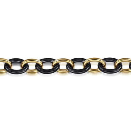 Ceramic - 14K Yellow Gold Oval Shape Hollow Tube and Black Ceramic Tennis Bracelet