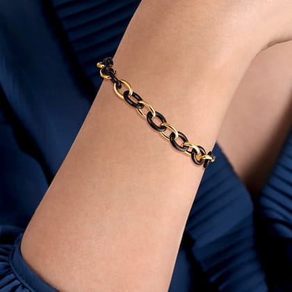 Ceramic - 14K Yellow Gold Oval Shape Hollow Tube and Black Ceramic Tennis Bracelet