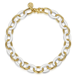 Ceramic - 14K Yellow Gold Oval Shape Hollow Tube and White Ceramic Tennis Bracelet