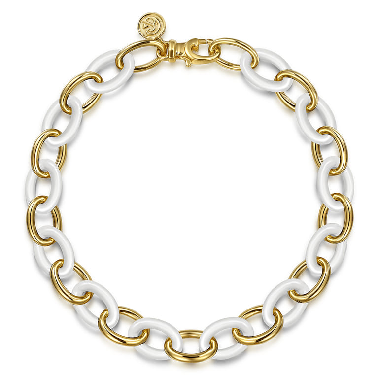Ceramic - 14K Yellow Gold Oval Shape Hollow Tube and White Ceramic Tennis Bracelet - Shot 1