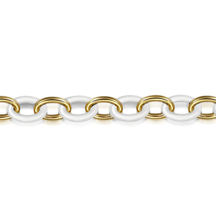 Ceramic - 14K Yellow Gold Oval Shape Hollow Tube and White Ceramic Tennis Bracelet