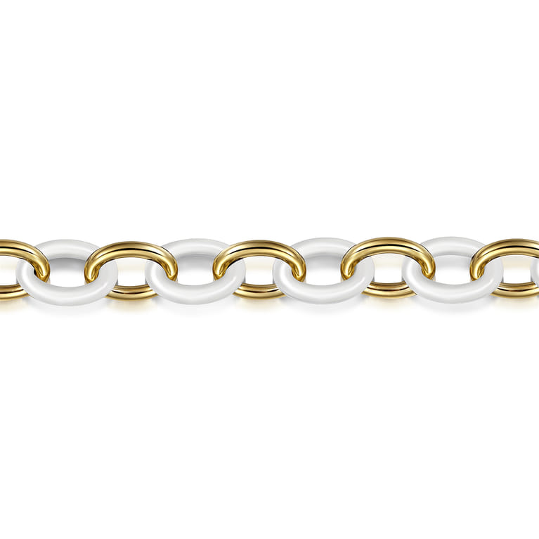 Ceramic - 14K Yellow Gold Oval Shape Hollow Tube and White Ceramic Tennis Bracelet - Shot 2