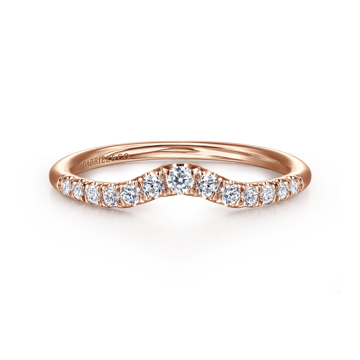 Curved Wedding Ring in 14k Rose Gold with Round Natural Diamond at Gabriel & Co. - Shot 1