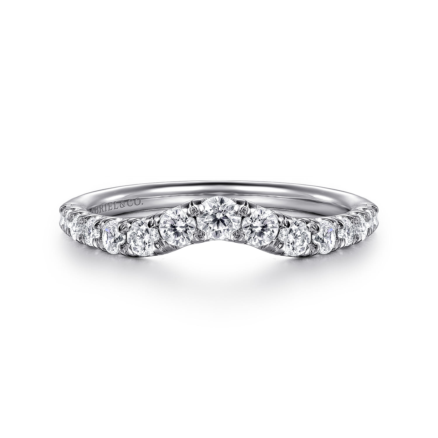 Curved Wedding Ring in Platinum with Round Natural Diamond at Gabriel & Co. - Shot 1