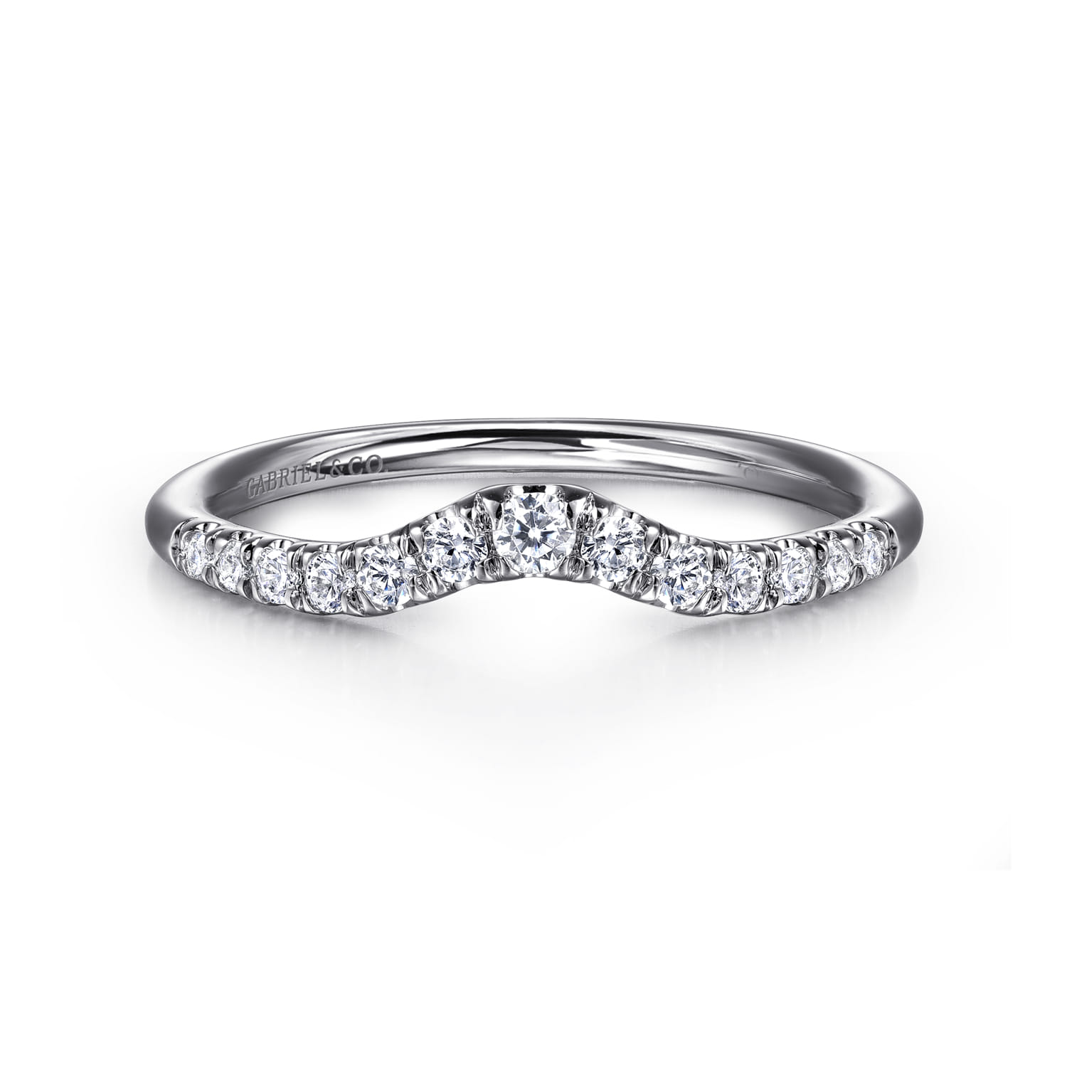 Curved Wedding Ring in Platinum with Round Natural Diamond at Gabriel & Co. - Shot 1