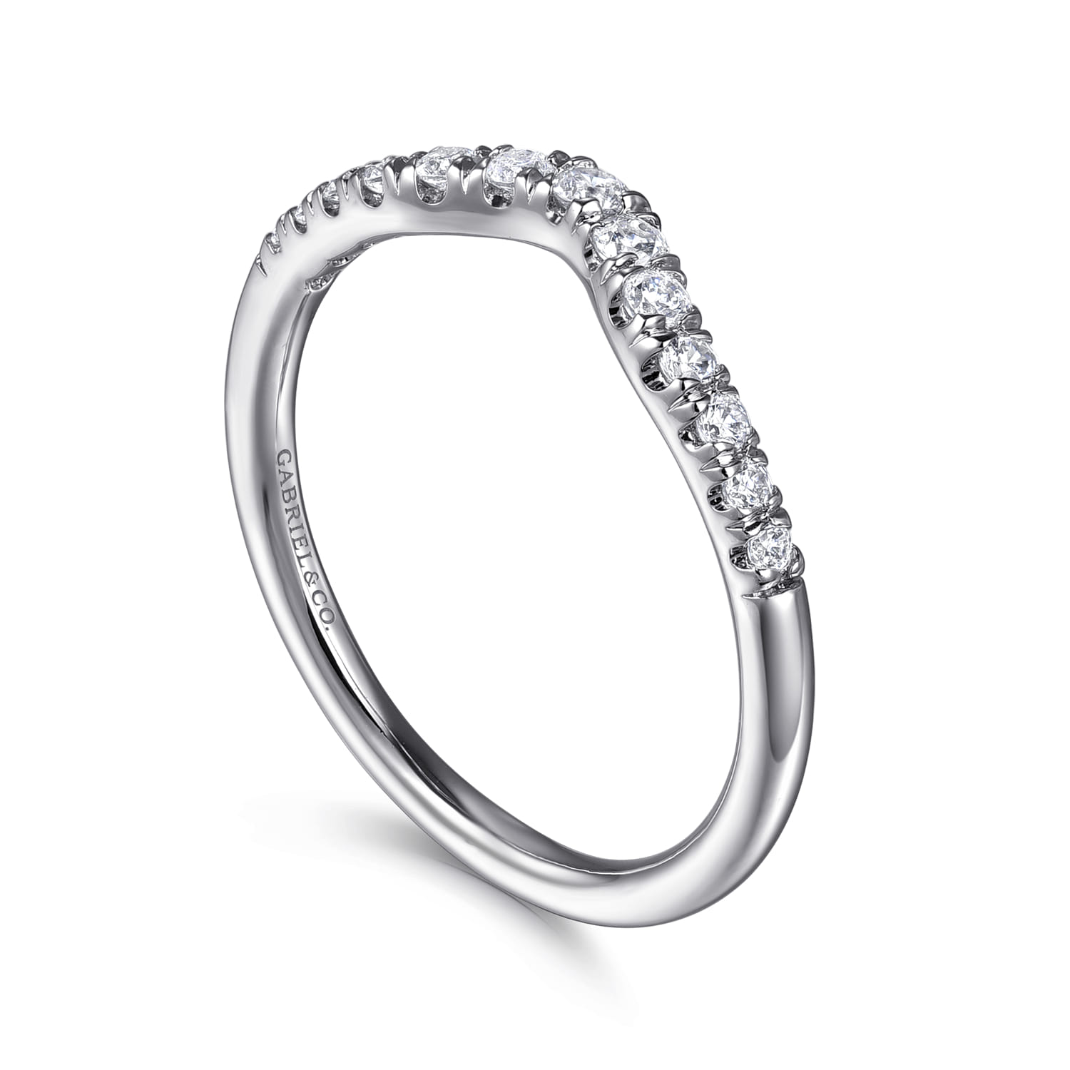 Curved Wedding Ring in Platinum with Round Natural Diamond at Gabriel & Co. - Shot 3