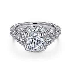 Vintage Inspired 14K White Gold Round Halo Diamond Engagement Ring
